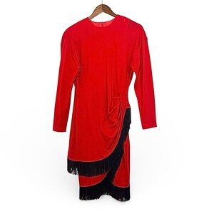 Vintage 80s Glam Rock Lillie Rubin Red Wool Dress Black Fringe Long Sleeve